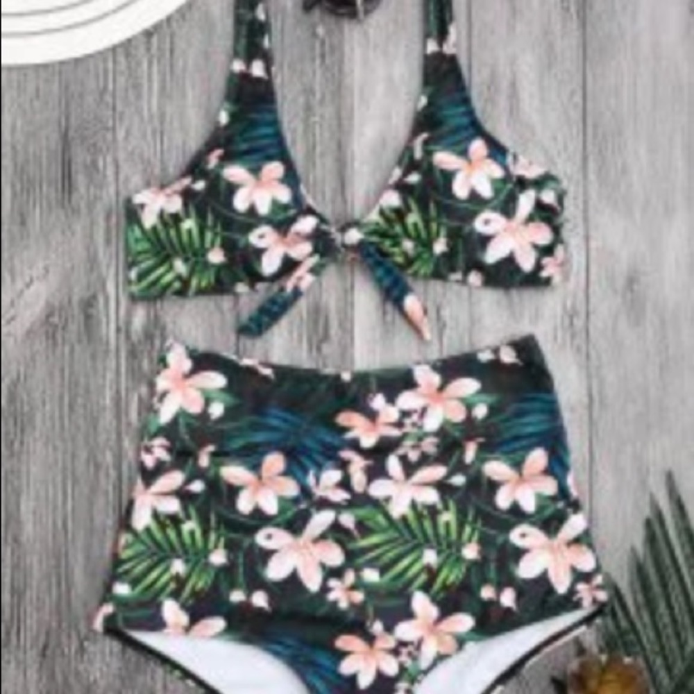 ZAFUL Tropical Floral High Waisted Tie Bikini - L